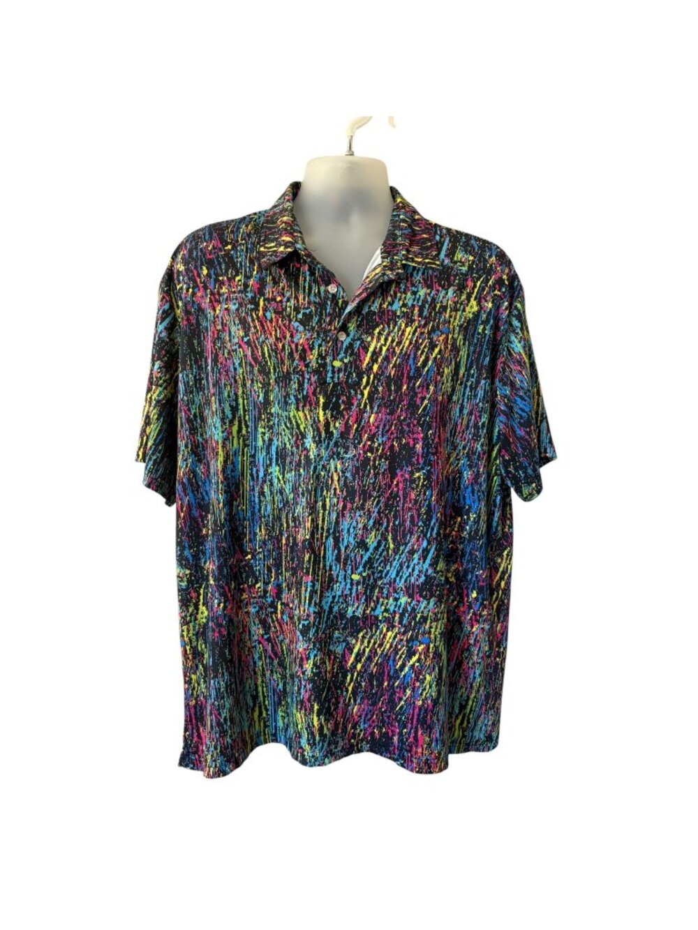 Hreski Mens Psychedelic Paint Splatter All Over Print Golf Shirt Stretch Size XL